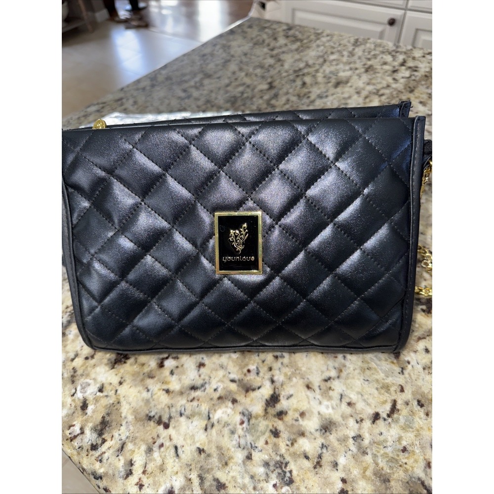 Younique Shoulder Bag Black Quilted Crossbody Handbag Purse Gold Chain Strap3804